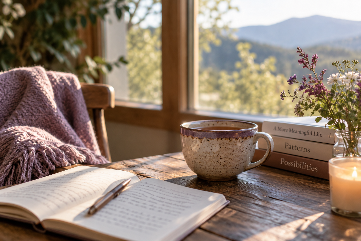 Reflections & Insights Journal, cup of tea, and books beside a window overlooking the mountains.
