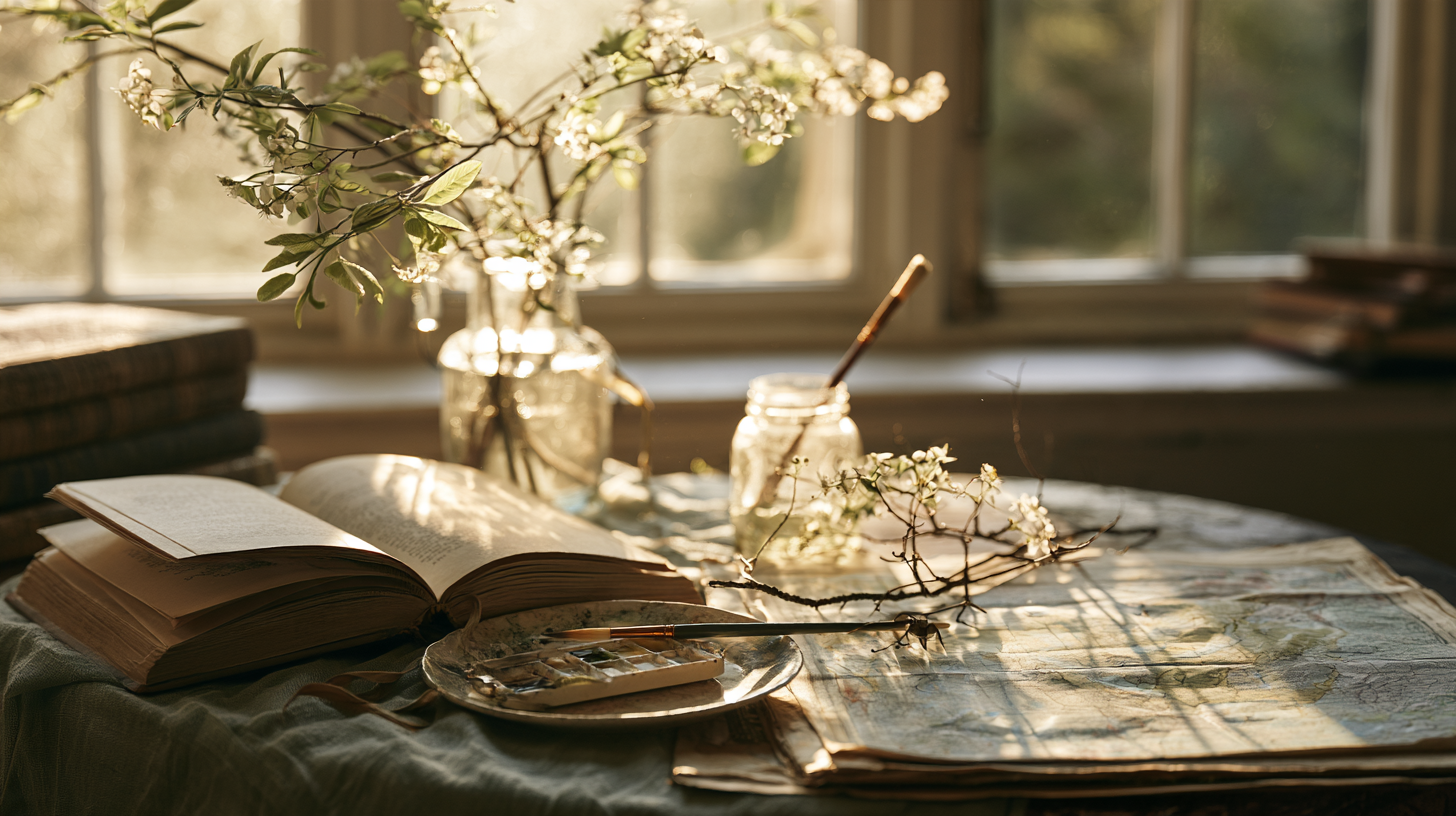 How Do I Figure Out What I Really Want? Sunlit table with a book, watercolor supplies, map, and natural objects representing curiosity and choices to explore.