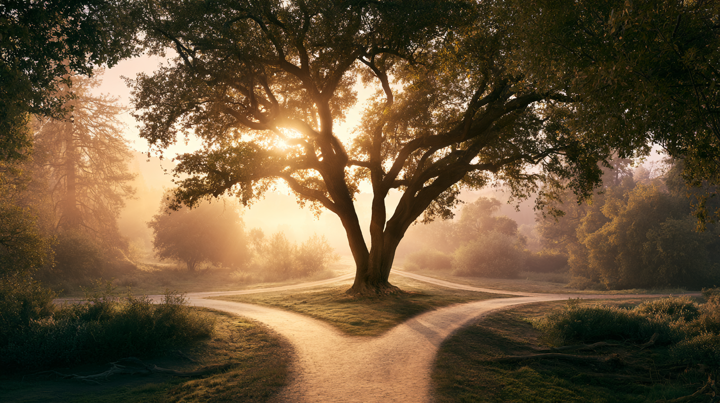Four paths meeting at a quiet crossroads, representing uncertainty about which direction to take in life.