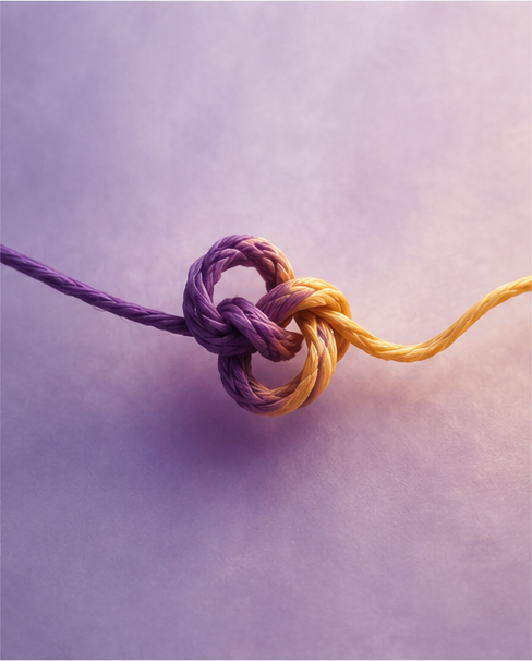 Knot: Patterns Woven Together Purple and golden threads woven together in a central knot.