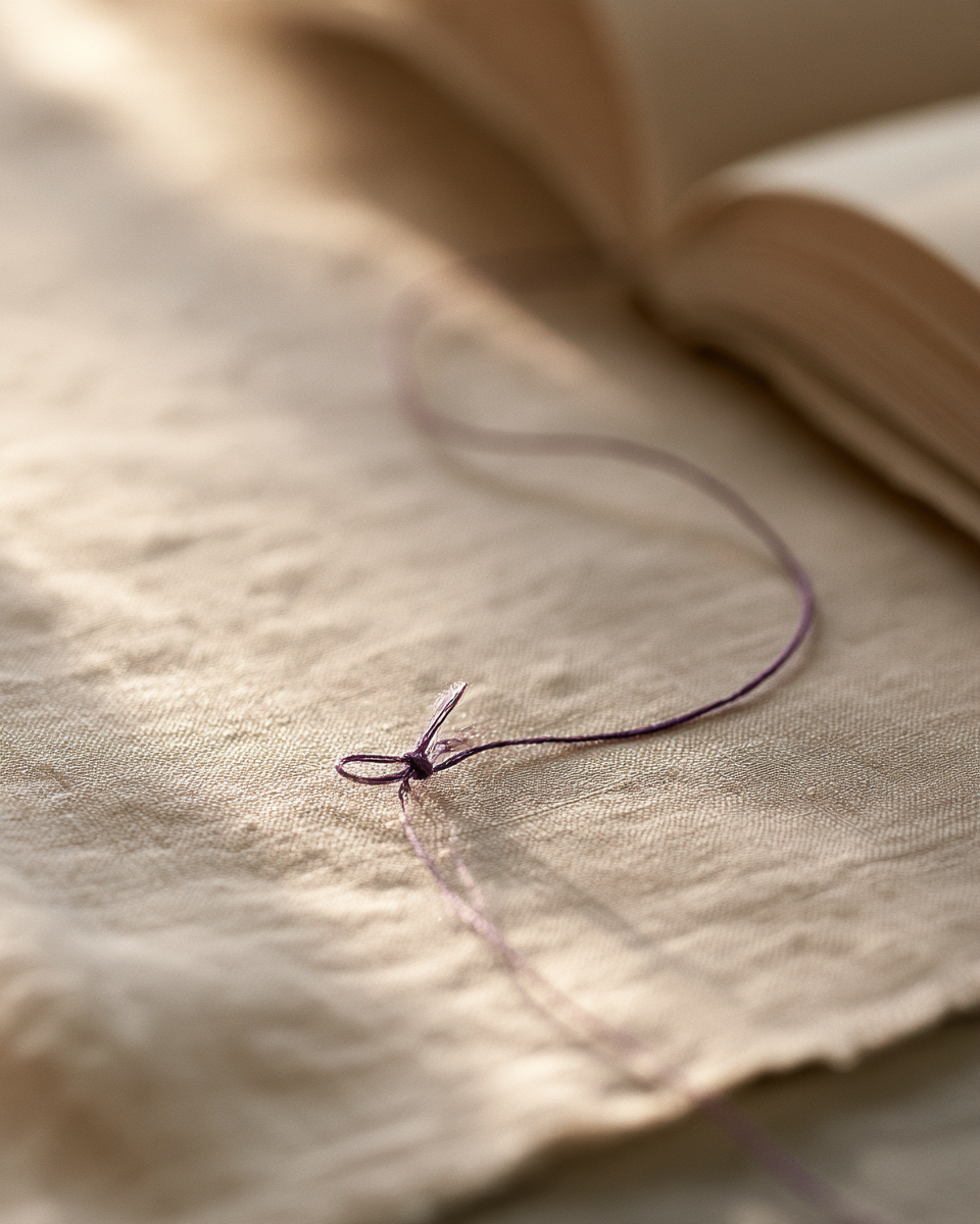 Living the Weave - Following the Thread Purple thread with a small knot resting on ivory linen beside an open book