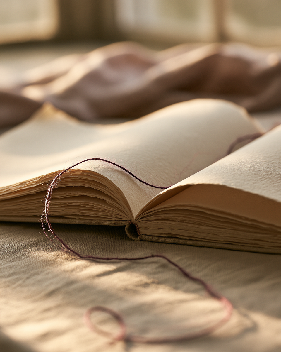Plum thread crossing the pages of an open journal in warm natural light