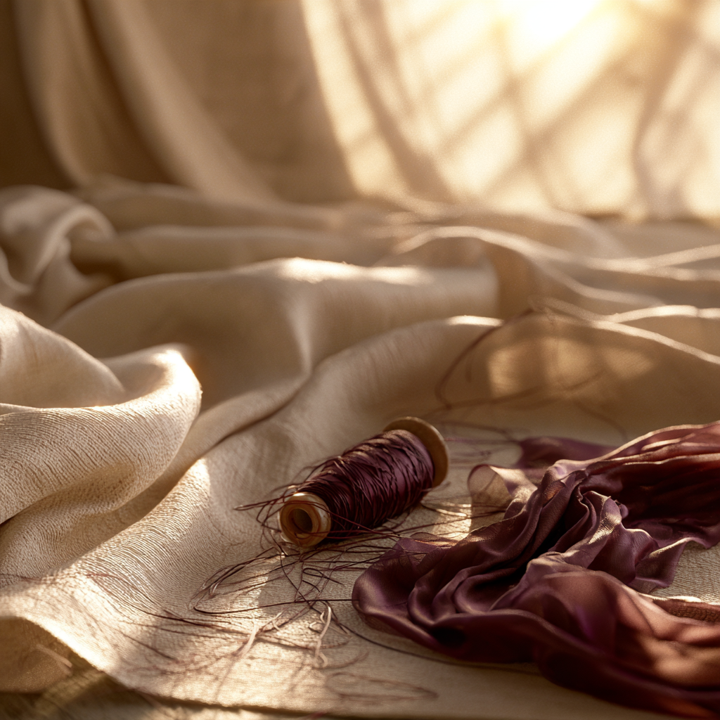 Plum thread and loose strands resting on warm ivory fabric
