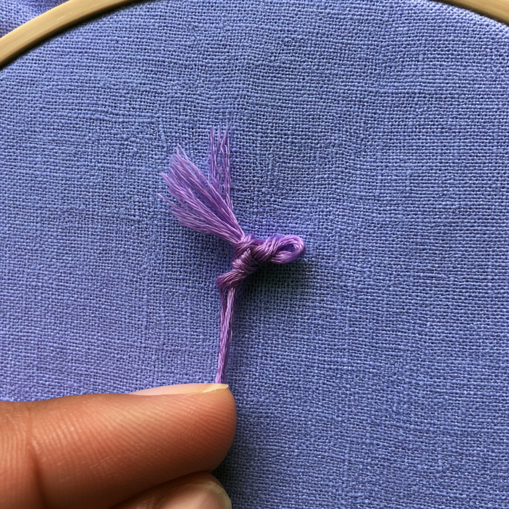 Pattern Weaving | Following the Thread to the Knot Plum thread with a small knot resting on violet fabric