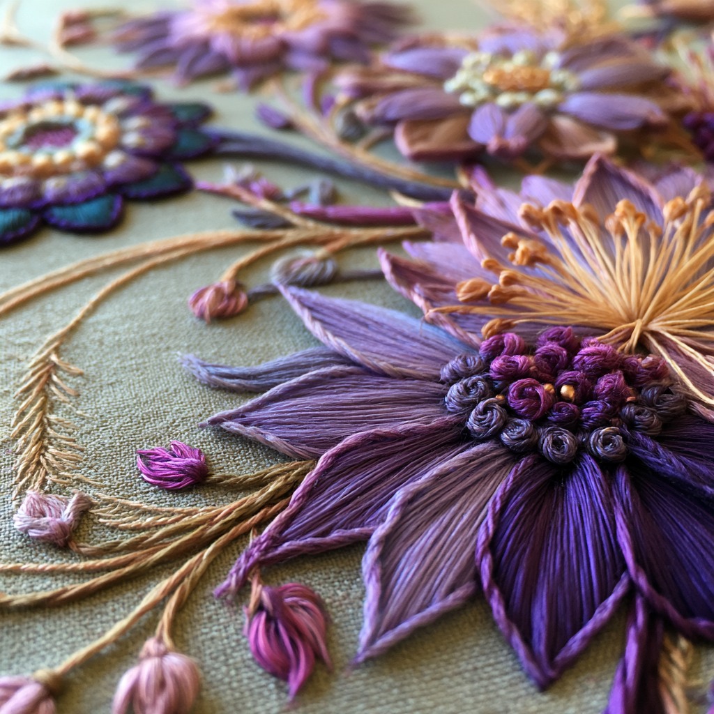 Pattern Weaving | Threads Coming Together Purple and gold threads woven into flowers, representing patterns coming together