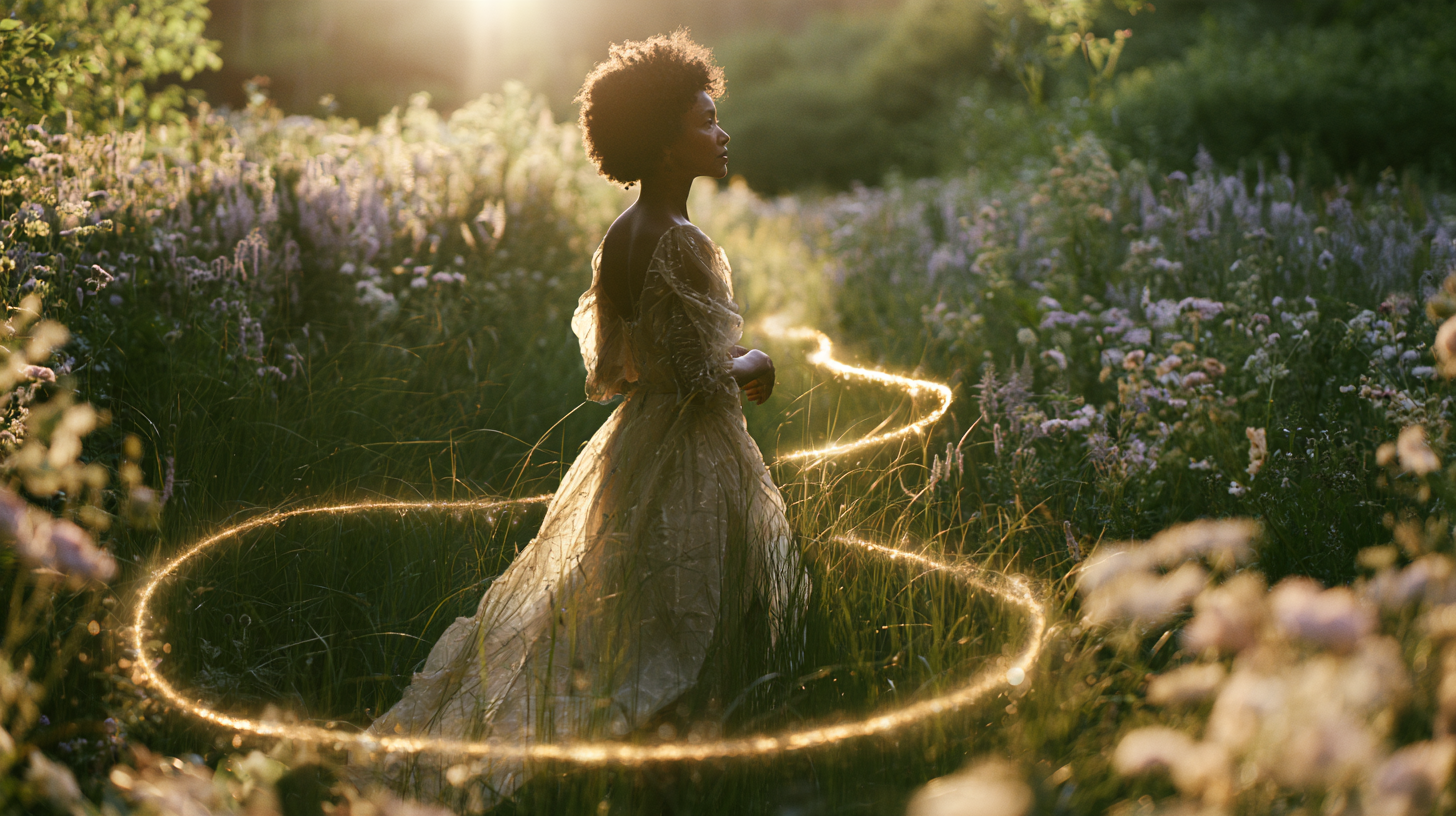 Woman noticing a golden thread repeating in loops through a meadow
